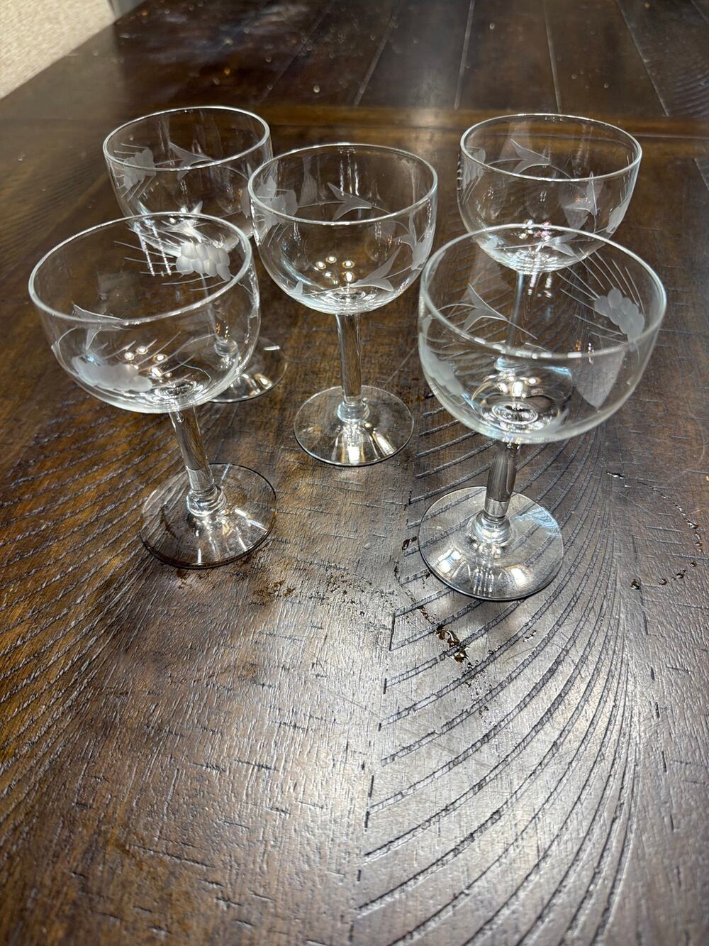 Vintage Etched Glass Wine Claret Glass Set Of 5 Stemware 4 3/4" Wheat Pattern
